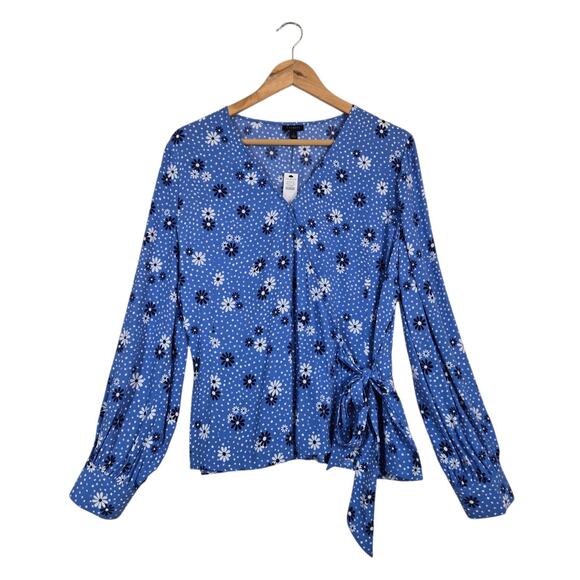 Talbots Poet Sleeve Faux Wrap Top sz L Blue White Flowers Dots Boho - Picture 2 of 15